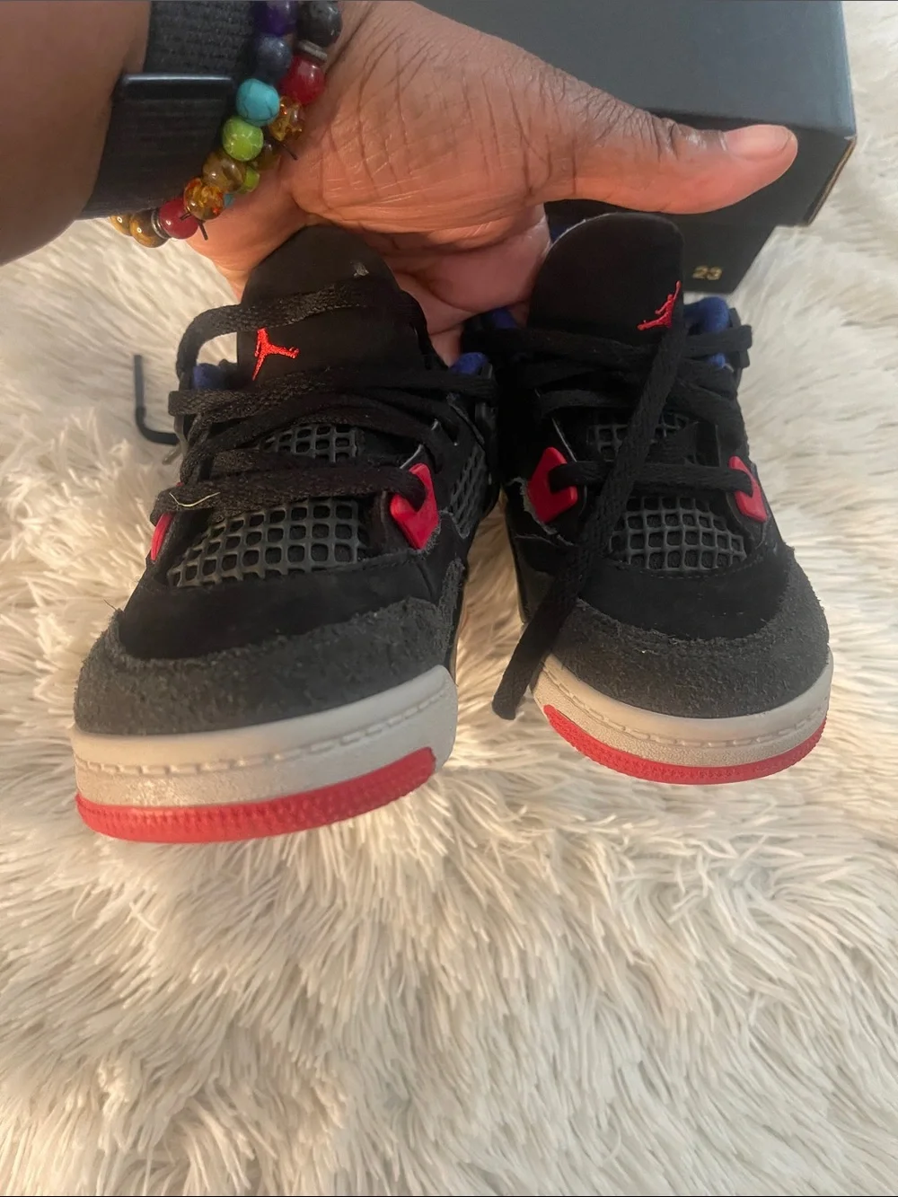 Kids Jordan 4 Retro OG Black/Fire Red-Deep Royal Blue & Red Athletic Sneakers